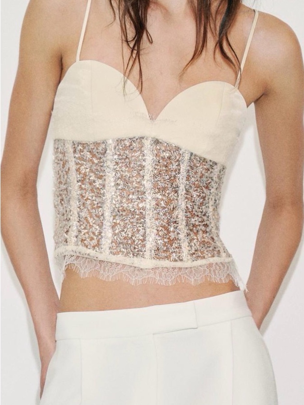 Cream Sequin Lace Corset Crop Top Zara